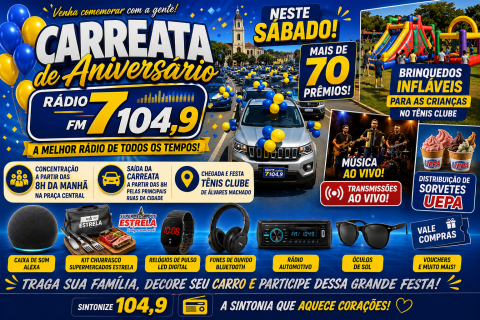 Carreata de Aniversário da Rádio 7 FM 104 acontece neste sábado com mais de 70 prêmios, música ao vivo e diversão para toda a família